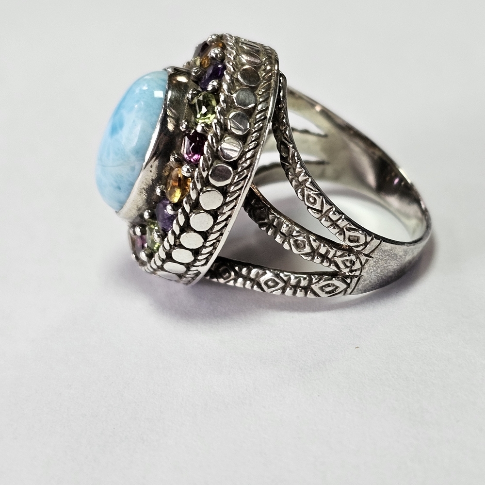 Artisan Crafted Natural Larimar & Multicolor Tourmaline 💍 Sterling Silver Sz 7. - Picture 4 of 12